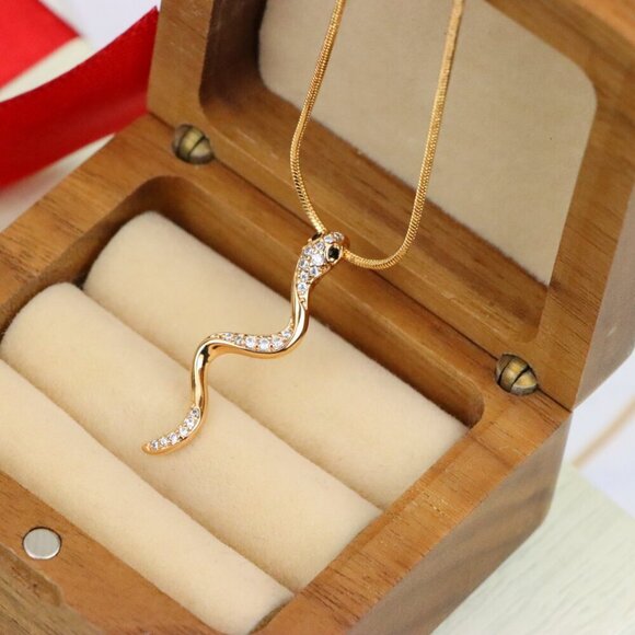 "Slim Rose Gold Snake Pendant with Crystal Detailing, XPPT1275 - Picture 8 of 13